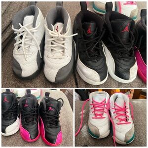 Size 10c Air Jordan 12s Kids Sneakers in Black, White, and Pink